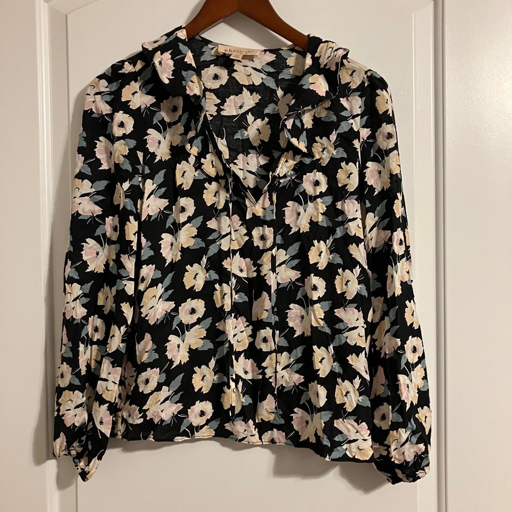 Philosophy Black Floral Print Tie V-Neck Ruffle Trim Long Sleeve Blouse Size M